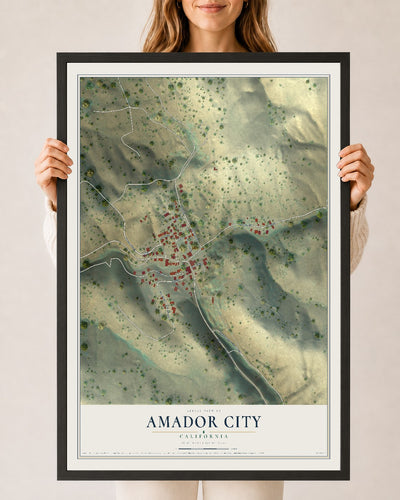 Map of Amador City, California, 24 x 36 inch print in a black wood frame