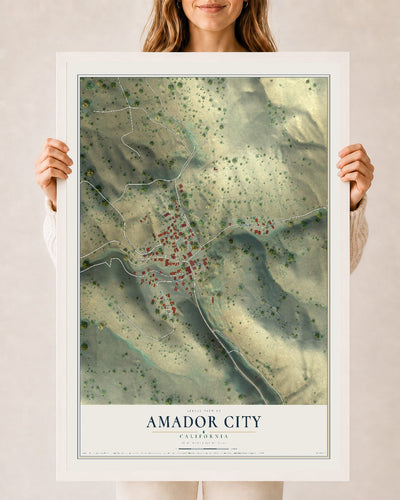 Map of Amador City, California, 24 x 36 inch print in a white wood frame