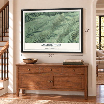 Amador Pines, California map, 24 x 36 inch print in a black frame above a dresser by a staircase
