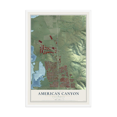 Map of American Canyon, California, 12 x 18 inch print in a white wood frame