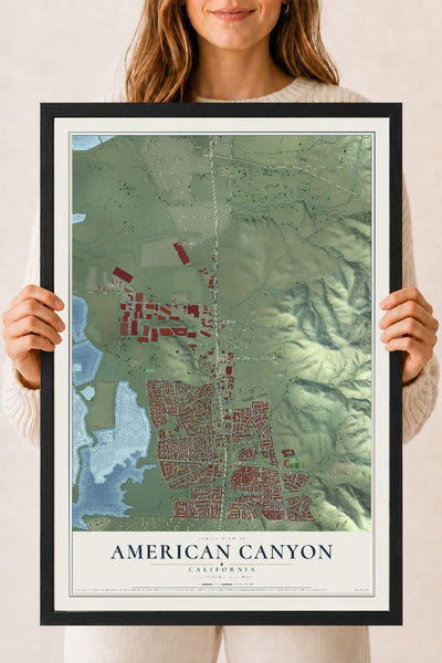 Map of American Canyon, California, 18 x 24 inch print in a black wood frame