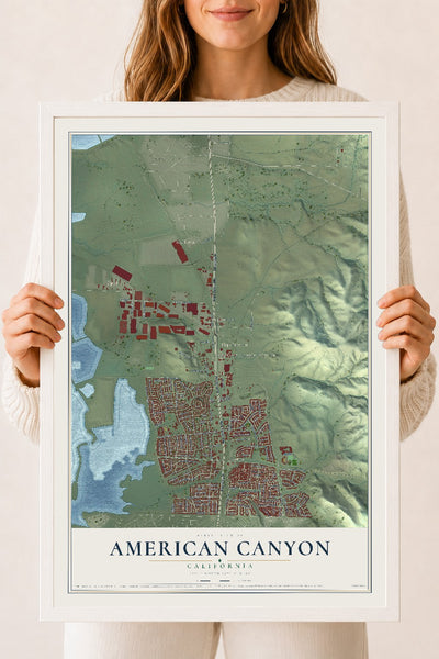 Map of American Canyon, California, 18 x 24 inch print in a white wood frame