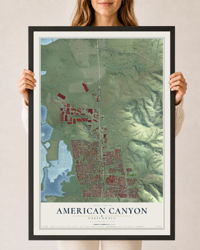 Map of American Canyon, California, 24 x 36 inch print in a black wood frame
