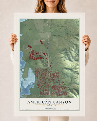 Map of American Canyon, California, 24 x 36 inch print in a white wood frame