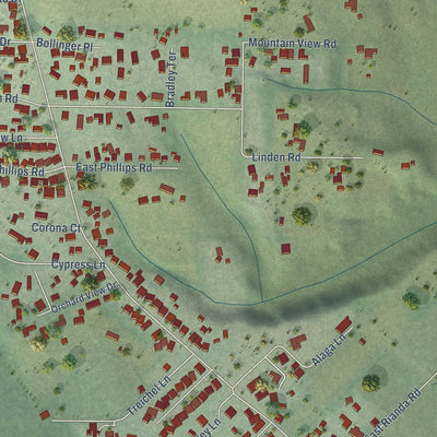 Close-up of the map of Amesti, California print showing street and building detail