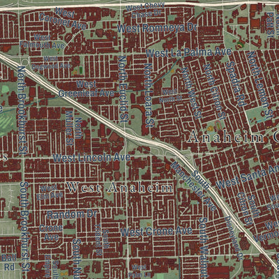 Close-up of the map of Anaheim, California print showing street and building detail