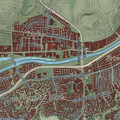 Second close-up of the map of Anaheim, California print showing more streets and buildings