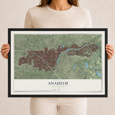 Map of Anaheim, California, 12 x 18 inch print in a black wood frame