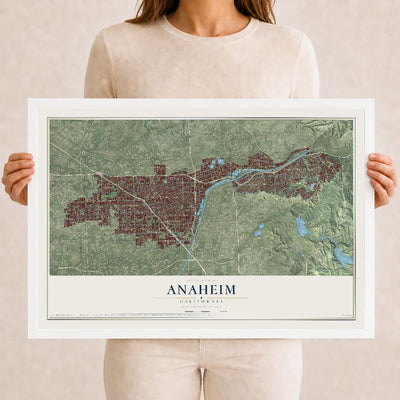 Map of Anaheim, California, 12 x 18 inch print in a white wood frame