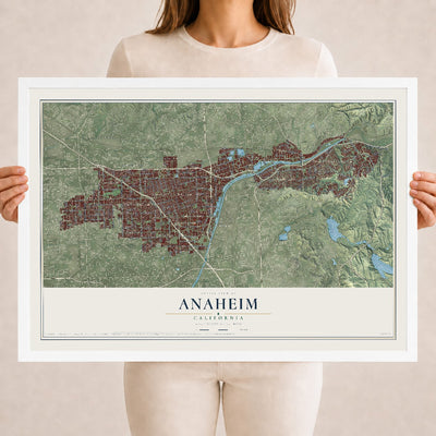 Map of Anaheim, California, 18 x 24 inch print in a white wood frame