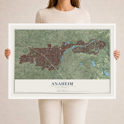 Map of Anaheim, California, 24 x 36 inch print in a white wood frame