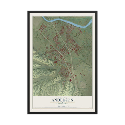 Map of Anderson, California, 12 x 18 inch print in a black wood frame