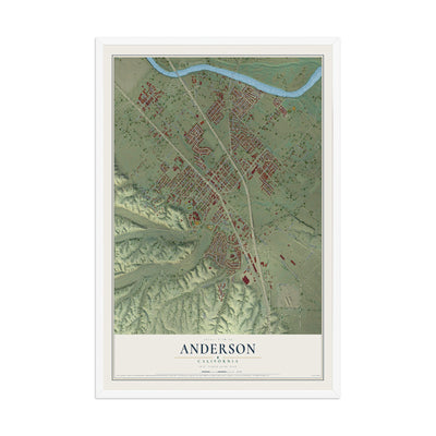Map of Anderson, California, 12 x 18 inch print in a white wood frame