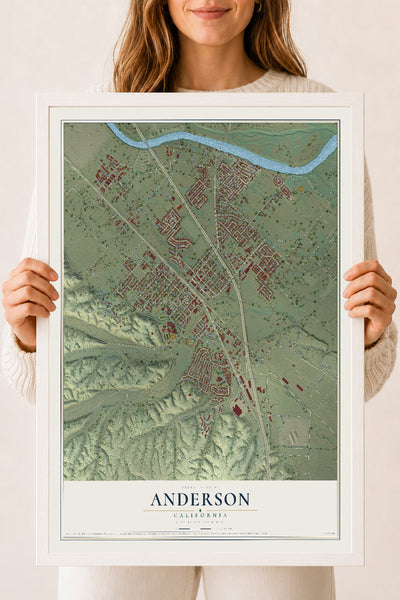 Map of Anderson, California, 18 x 24 inch print in a white wood frame