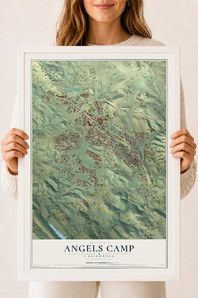 Map of Angels Camp, California, 18 x 24 inch print in a white wood frame