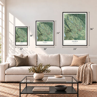Angwin, California map in 12 x 18, 18 x 24 and 24 x 36 inch sizes above a sofa
