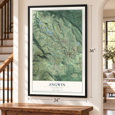 Angwin, California map, 24 x 36 inch print in a black frame by a staircase
