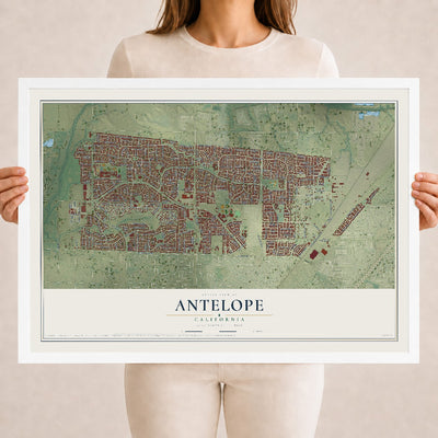 Map of Antelope, California, 18 x 24 inch print in a white wood frame