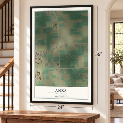 Anza, Imperial County, California map, 24 x 36 inch print in a black frame by a staircase