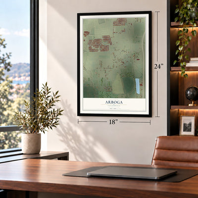 Arboga, California map, 18 x 24 inch print in a black frame in a home office