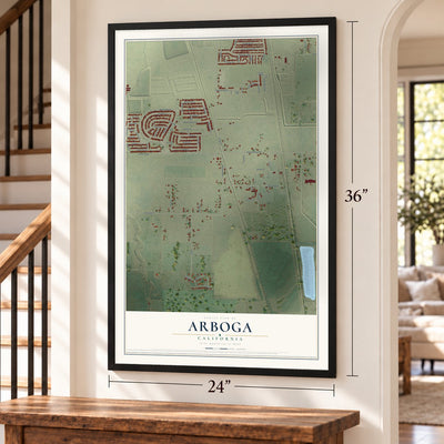 Arboga, California map, 24 x 36 inch print in a black frame by a staircase