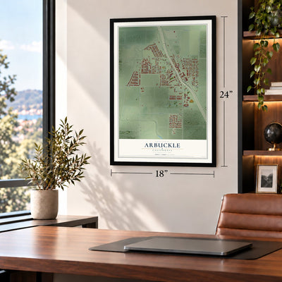 Arbuckle, California map, 18 x 24 inch print in a black frame in a home office