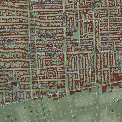 Close-up of the map of Arcadia, California print showing street and building detail