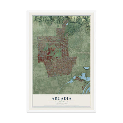 Map of Arcadia, California, 12 x 18 inch print in a white wood frame