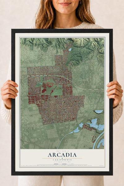 Map of Arcadia, California, 18 x 24 inch print in a black wood frame