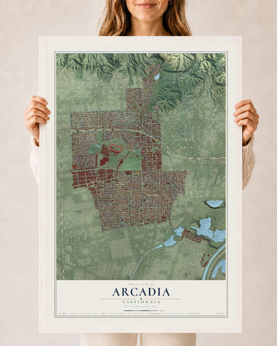 Map of Arcadia, California, 24 x 36 inch print in a white wood frame