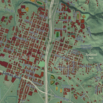 Close-up of the map of Arcata, California print showing street and building detail