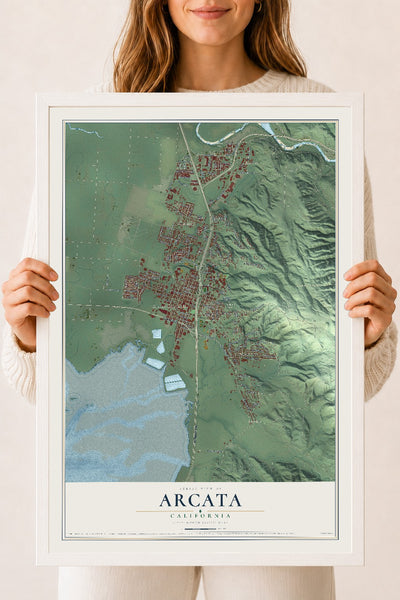 Map of Arcata, California, 18 x 24 inch print in a white wood frame