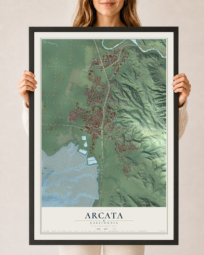 Map of Arcata, California, 24 x 36 inch print in a black wood frame