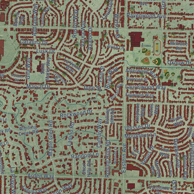 Close-up of the map of Arden-Arcade, California print showing street and building detail