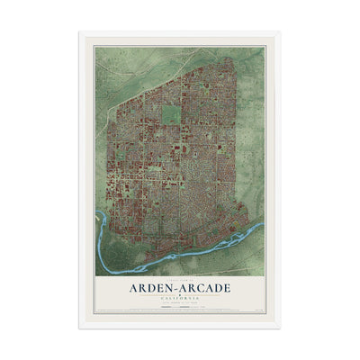 Map of Arden-Arcade, California, 12 x 18 inch print in a white wood frame