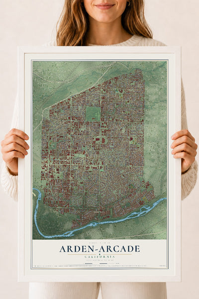 Map of Arden-Arcade, California, 18 x 24 inch print in a white wood frame