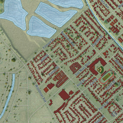 Second close-up of the map of Arleta, California print showing more streets and buildings