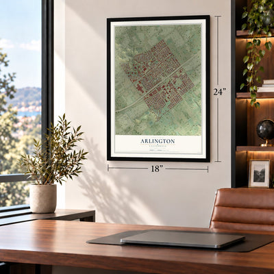 Arlington, California map, 18 x 24 inch print in a black frame in a home office