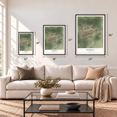 Armona, California map in 12 x 18, 18 x 24 and 24 x 36 inch sizes above a sofa