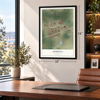 Armona, California map, 18 x 24 inch print in a black frame in a home office