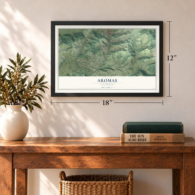 Aromas, California map, 12 x 18 inch print in a black frame in an entryway