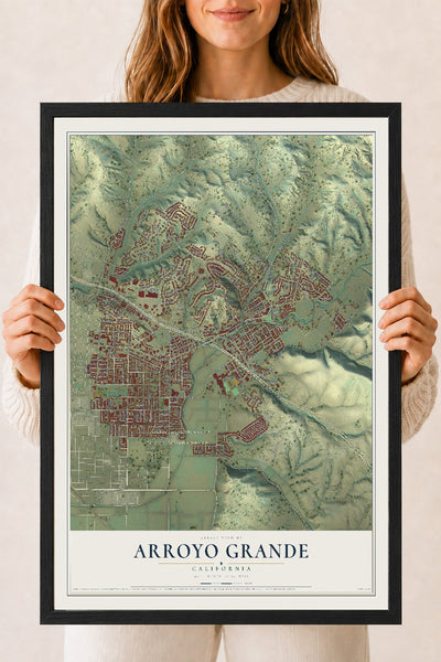 Map of Arroyo Grande, California, 18 x 24 inch print in a black wood frame