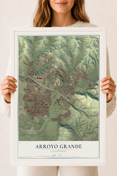 Map of Arroyo Grande, California, 18 x 24 inch print in a white wood frame