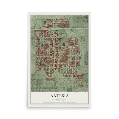 Map of Artesia, California, 12 x 18 inch unframed archival matte print