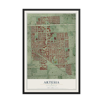 Map of Artesia, California, 12 x 18 inch print in a black wood frame