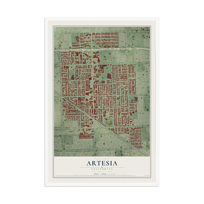 Map of Artesia, California, 12 x 18 inch print in a white wood frame