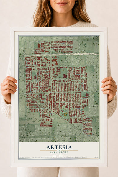 Map of Artesia, California, 18 x 24 inch print in a white wood frame