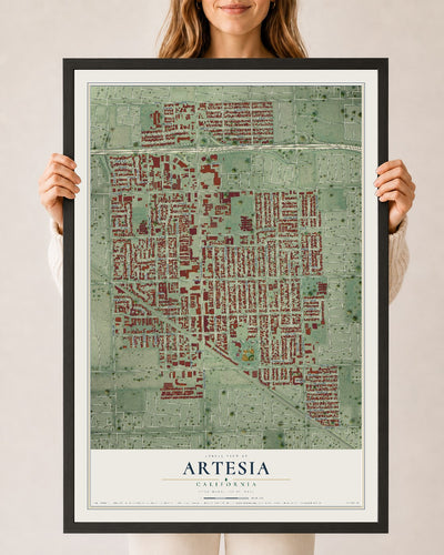 Map of Artesia, California, 24 x 36 inch print in a black wood frame