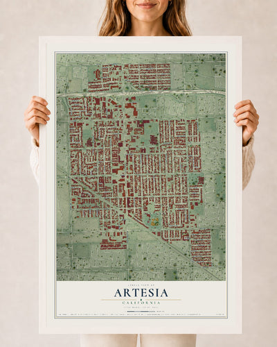 Map of Artesia, California, 24 x 36 inch print in a white wood frame