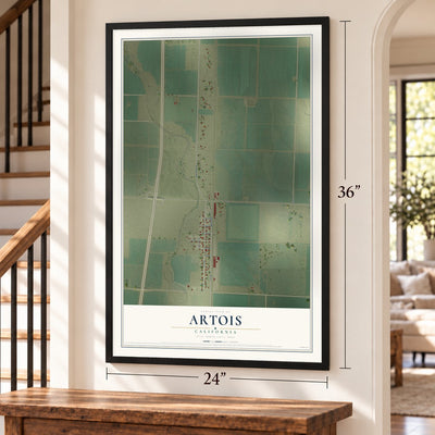 Artois, California map, 24 x 36 inch print in a black frame by a staircase